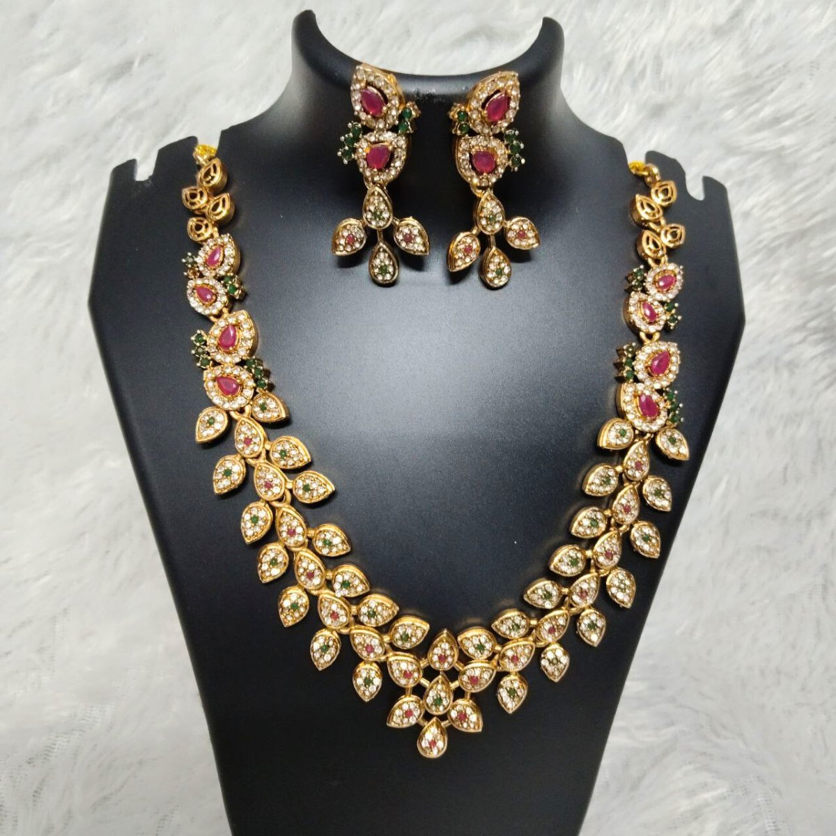 1000257467.jpg Gold Plated Ruby & Green Stone Necklace Set for Women - Image 1
