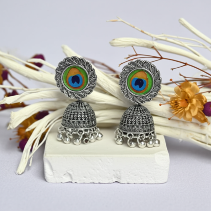 Peacock Feather Oxidized Jhumka Earrings