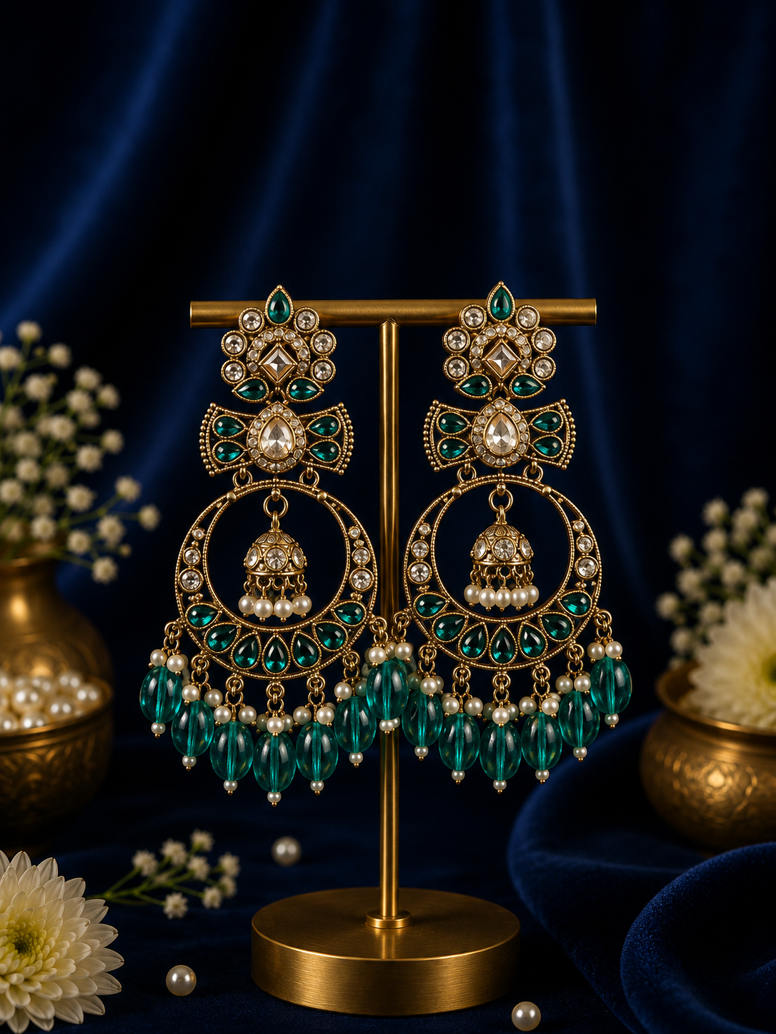 0ddf48e0-3eb9-493c-a23d-336b7b392577.png Anchal Kundan Earrings – Teal Green - Image 1