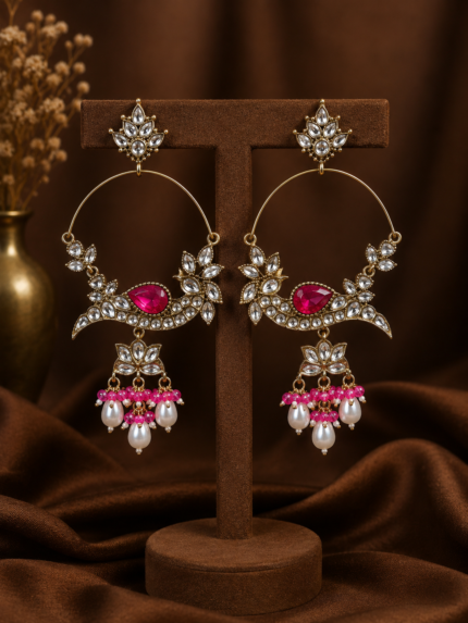 Smita Peacock Chandbali Earrings – Dark Pink