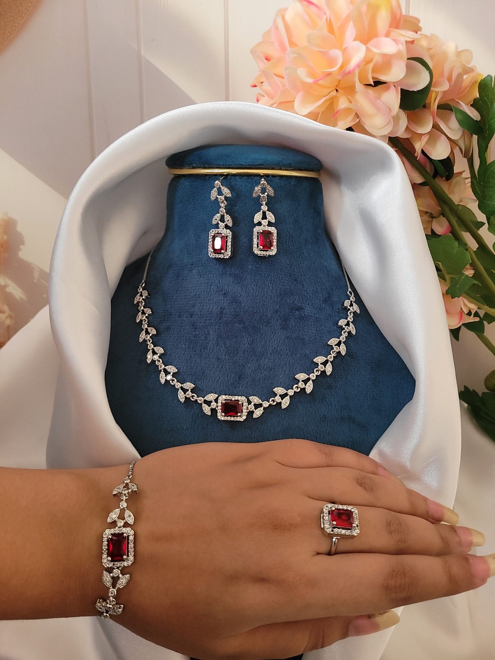 20250417_162308-scaled-1.jpg Sleek American Diamond Combo Set With Bracelet and Ring – Red - Image 1