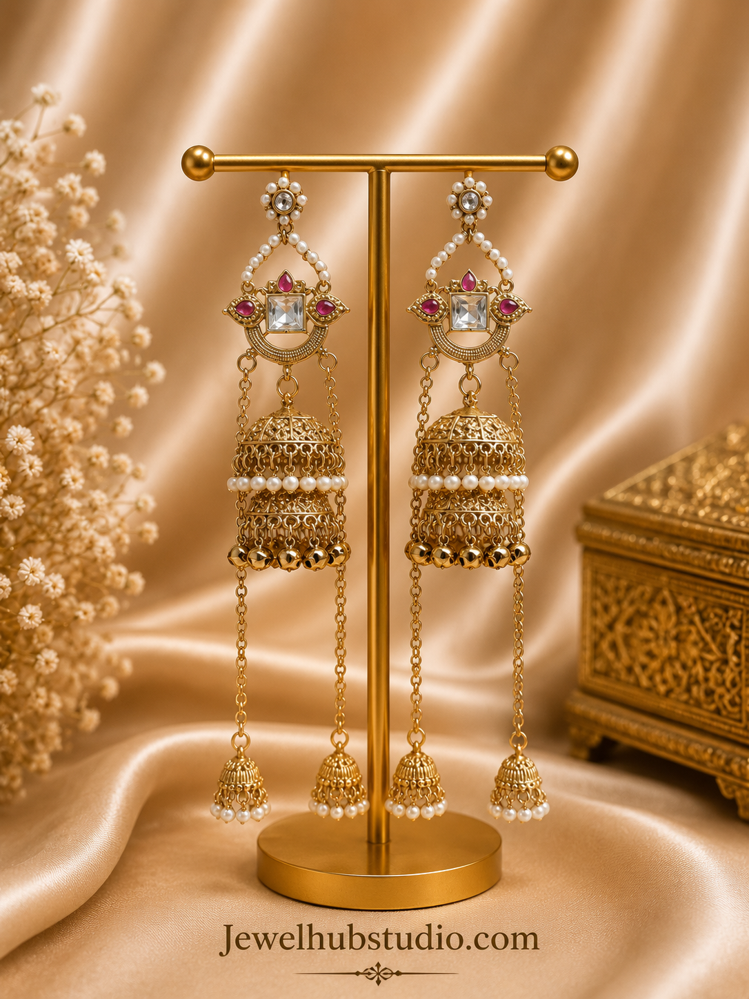 210756c1-f183-4935-8072-00fa68b4f286.png Riwayat Kashmiri Jhumar Earrings – Dark Pink - Image 1
