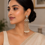 Noorani Long Kundan Pearl Earrings – White & Gold Bridal Chandelier Earrings