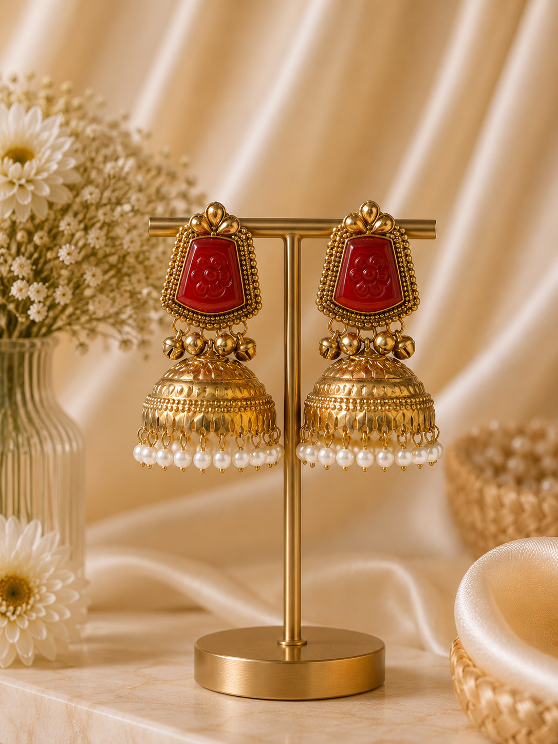 52227dd1-0722-457d-ab88-4d9b64b7ced0.png Anvika Golden Kashmiri Jhumka Earrings – Wine - Image 1
