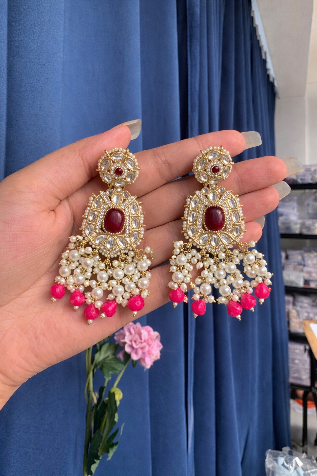 54479e9b-241e-41a7-b340-fd098b04006b.png Simran Kundan Earrings – Dark Pink - Image 1