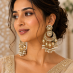 Arya Golden Kundan Chandbali Jhumka Earrings with Pearl Drops