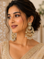Arya Golden Kundan Chandbali Jhumka Earrings with Pearl Drops