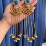 Suhani Long Kashmiri Earrings –  Green Light Pink
