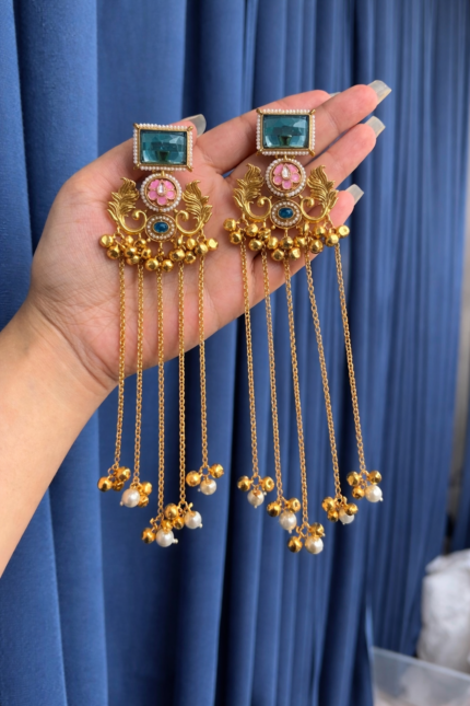 Suhani Long Kashmiri Earrings –  Green Light Pink