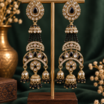 Nayab Long Kundan Jhumka Earrings – Black