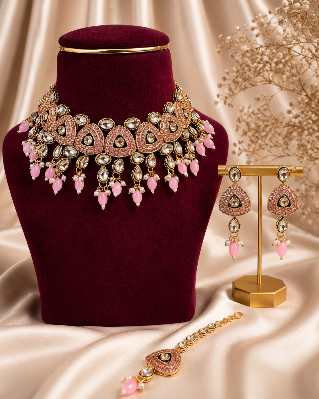 Burgundy-Velvet-Bridal-Jewellery-Set.png Binny Premium Kundan Jewellery Set – Light Pink - Image 1