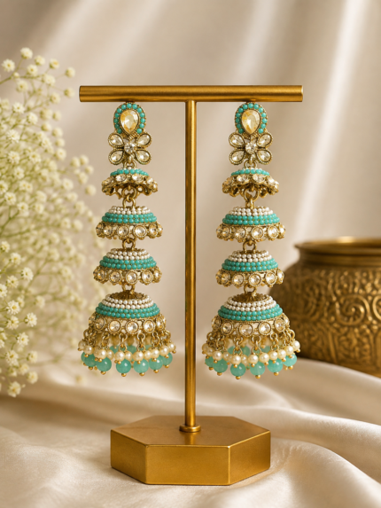 Ginny Long Four Layered Jhumka Earrings- Light Blue