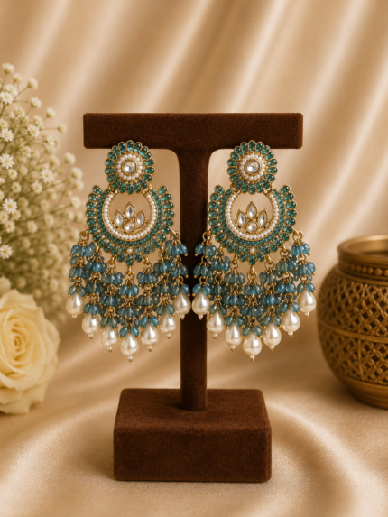 Pakhi Jadau Kundan Chandbali Statement Earrings  – Teal Blue