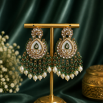 Jyoti Dark Green Kundan & White Marble Statement Earrings with Pearl Drops