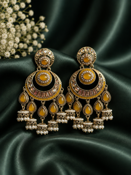 Arya Yellow Kundan Chandbali Jhumka Earrings with Pearl Drops