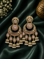 Arya Pink Kundan Chandbali Jhumka Earrings with Pearl Drops