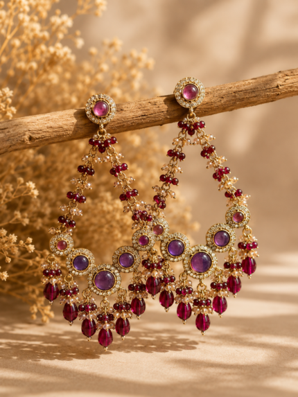 Noori Kundan Beaded Chandbali Earrings – Purple