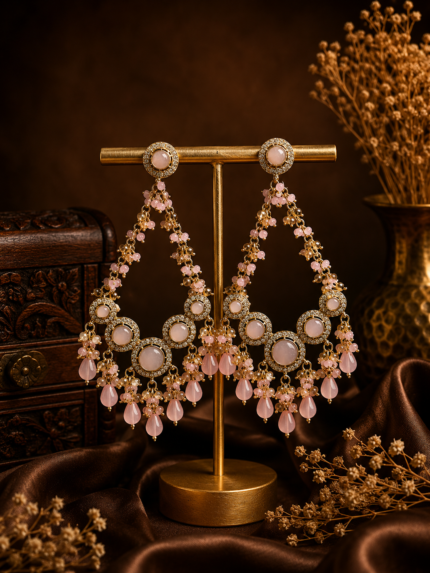Noori Kundan Beaded Chandbali Earrings – Light Pink