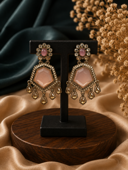 Neetu Statement Kundan Dangler Earrings – Light Pink
