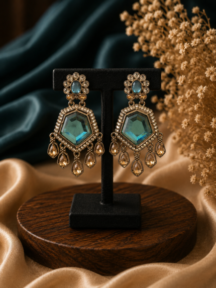 Neetu Statement Kundan Dangler Earrings – Teal Green
