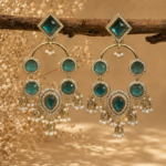 Esha Long Kundan Earrings – Teal Green