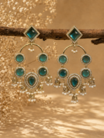 Esha Long Kundan Earrings – Teal Green