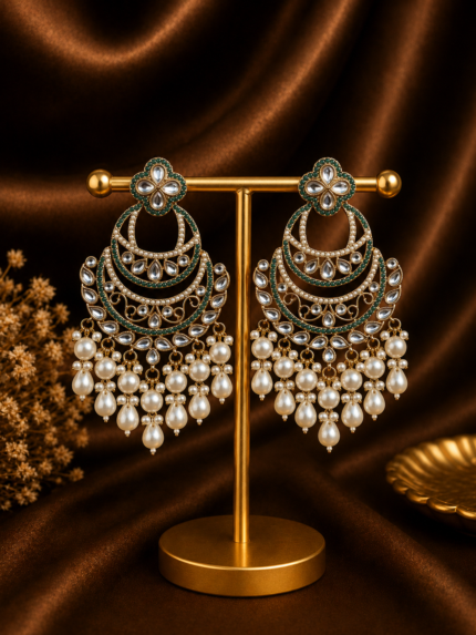 Heena Kundan Pearl Chandbali Earrings – Dark Green
