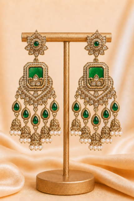 Ruhani Long Kundan Jhumka Earrings – Dark Green