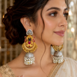 Malika Ruby Gold Plated Brass Jhumka Earrings – Statement Bridal Earrings