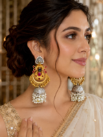 Malika Ruby Gold Plated Brass Jhumka Earrings – Statement Bridal Earrings