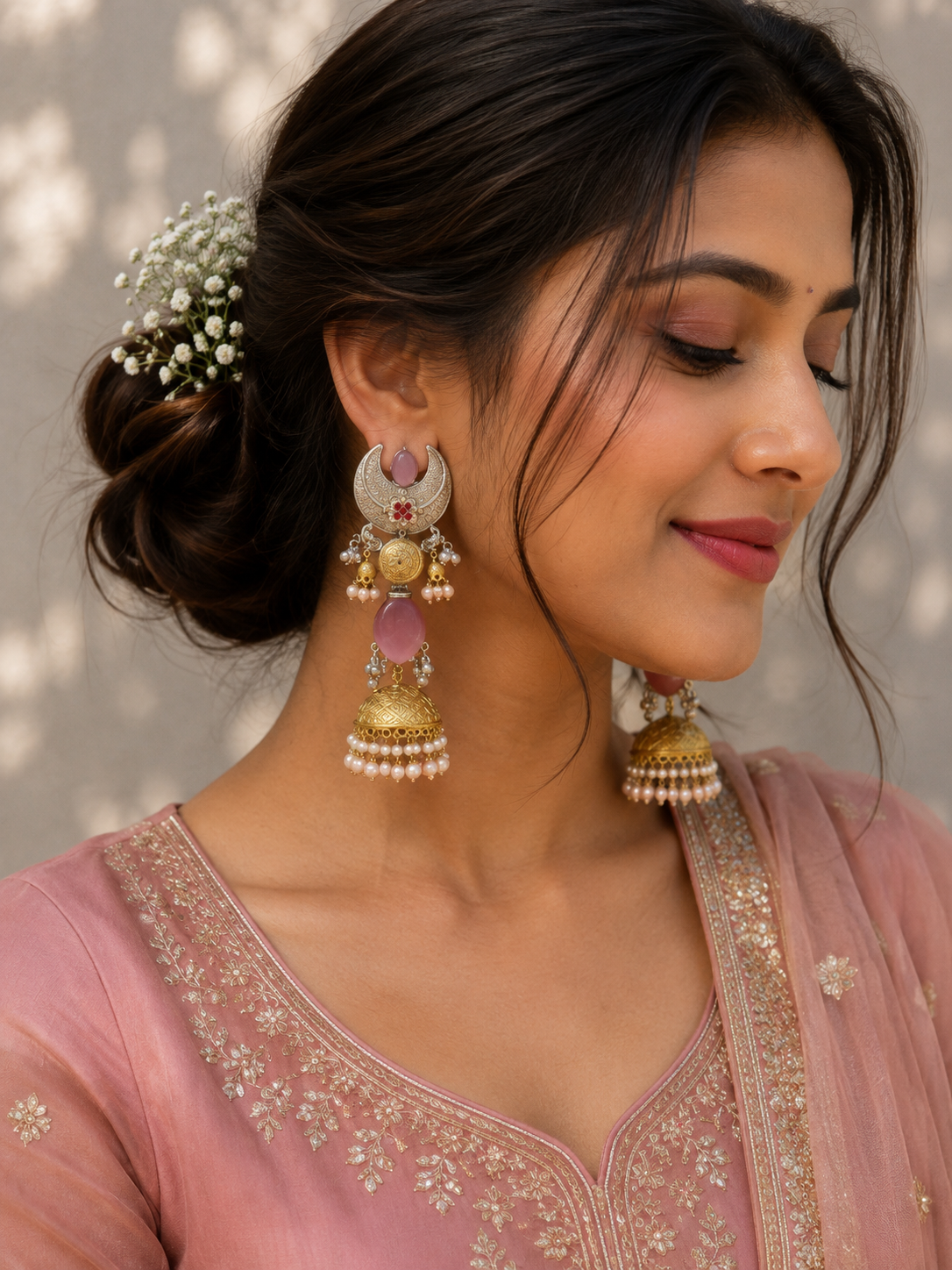 ChatGPT-Image-Aug-4-2026-04_05_52-PM.png Ameesha Oversized Brass Jhumka Earrings – Light Pink - Image 1