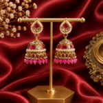 Monica Dark Pink Kundan Jhumka Earrings Crystal Drops