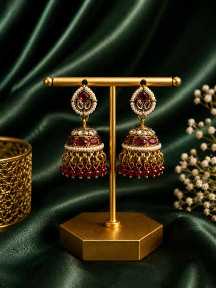 Monica Red Kundan Jhumka Earrings Crystal Drops