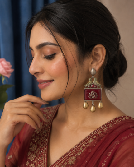 Anamika Bird Brass Statement Earrings – Ruby | Handcrafted Ethnic Dangler Earrings for Women