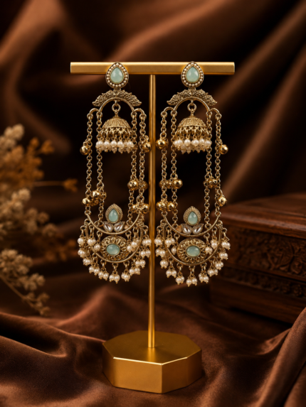 Jassi Kashmiri Long Ghungroo Earrings with Pearl Drops – Mint Green