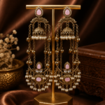 Jassi Kashmiri Long Ghungroo Earrings with Pearl Drops – Light Pink