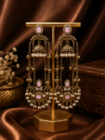 Jassi Kashmiri Long Ghungroo Earrings with Pearl Drops – Light Pink