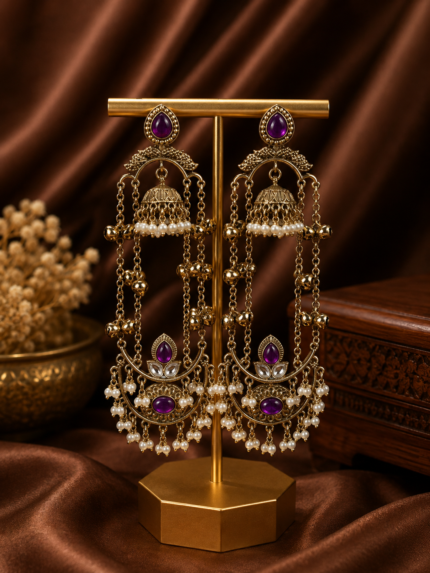 Jassi Kashmiri Long Ghungroo Earrings with Pearl Drops – Purple