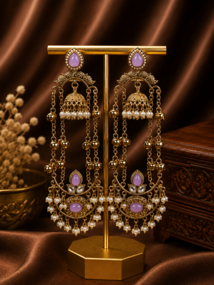 Jassi Kashmiri Long Ghungroo Earrings with Pearl Drops – Lavender