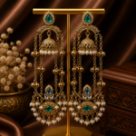 Jassi Kashmiri Long Ghungroo Earrings with Pearl Drops – Teal Green