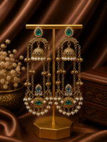 Jassi Kashmiri Long Ghungroo Earrings with Pearl Drops – Teal Green