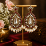 Varsha Kundan Pearl Earrings – Traditional Ethnic Statement Earrings Dark Pink