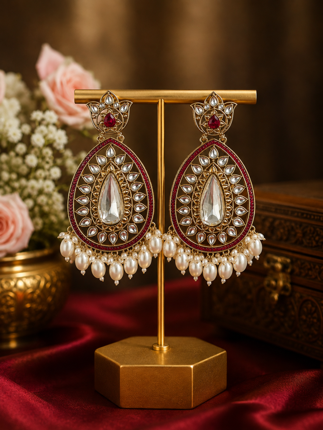 ChatGPT-Image-Aug-7-2026-03_15_12-PM.png Varsha Kundan Pearl Earrings – Traditional Ethnic Statement Earrings Dark Pink - Image 1