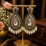 Varsha Kundan Pearl Earrings – Traditional Ethnic Statement Earrings Dark Green