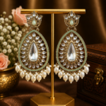 Varsha Kundan Pearl Earrings – Traditional Ethnic Statement Earrings Light Green