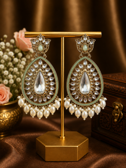 Varsha Kundan Pearl Earrings – Traditional Ethnic Statement Earrings Light Green