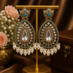 Varsha Kundan Pearl Earrings – Traditional Ethnic Statement Earrings Light Blue