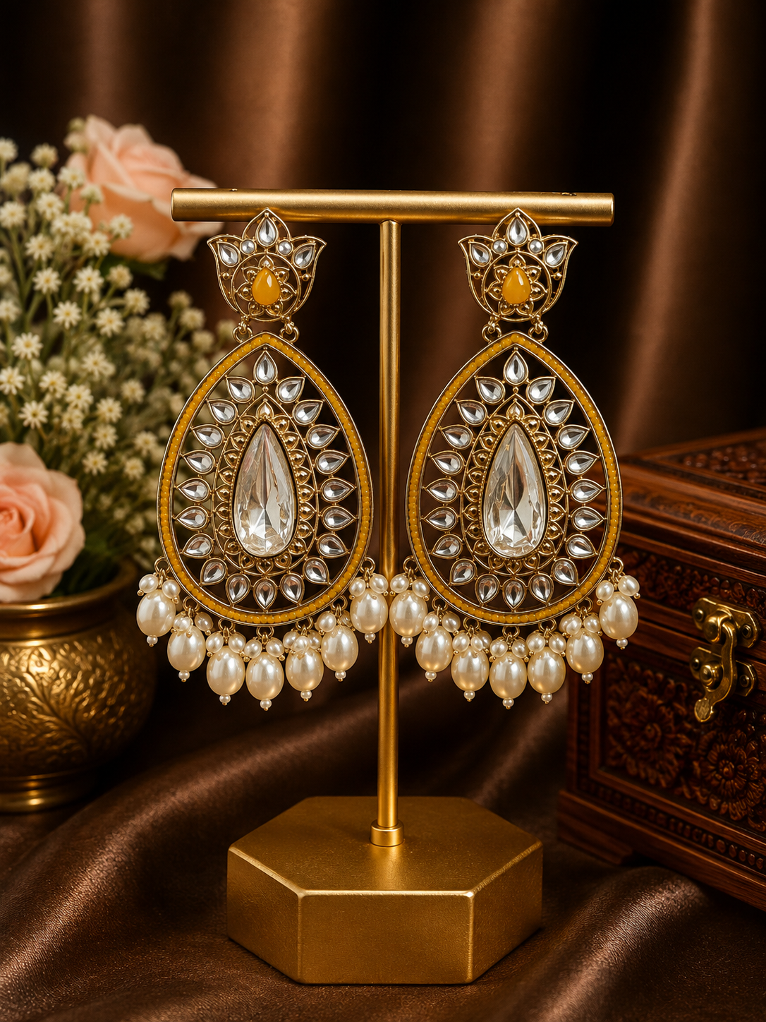 ChatGPT-Image-Aug-8-2026-02_45_48-PM.png Varsha Kundan Pearl Earrings – Traditional Ethnic Statement Earrings Yellow - Image 1