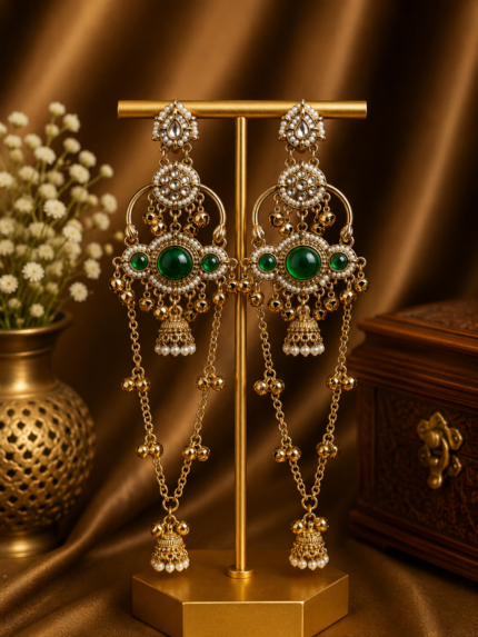 Jasmine Kashmiri Long Ghungroo Earrings – Dark Green