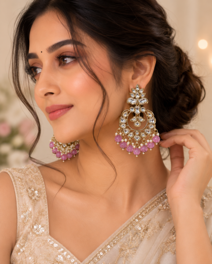 Kamini Kundan Earrings | Lavender Beaded Traditional Kundan Earrings for Women | JewelHubStudio